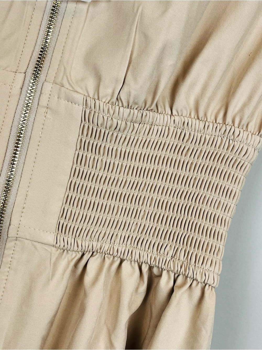 NWT Grace Karin Zipper Front Smocked Waist Cap Sleeve Midi Dress Tan Small - Picture 12 of 15